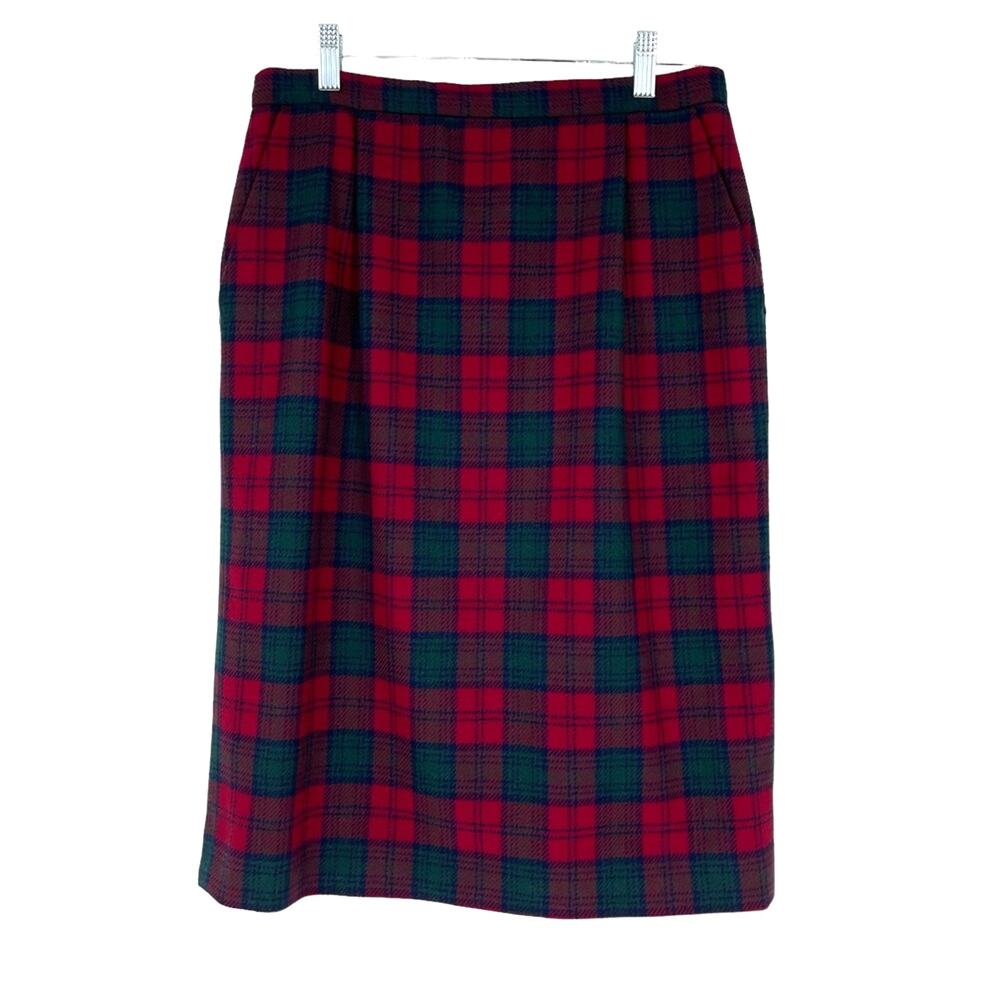 Pendleton Sz 12 Petite Wool Red Green Black Lined Skirt Pleated Pockets Tartan